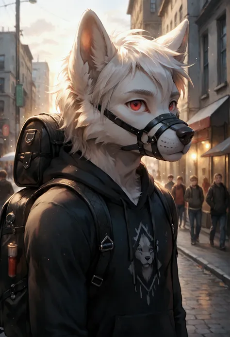 fur, soft lighting, solo, humanoid male wolf, muzzle, white body, short white hair, cheerful face, smooth fur, red eyes, slim figure, slightly skinny, front view, muzzle , detailed background, outdoor, light particles, muzzle, wolf, male, wolf boy, adorabl...