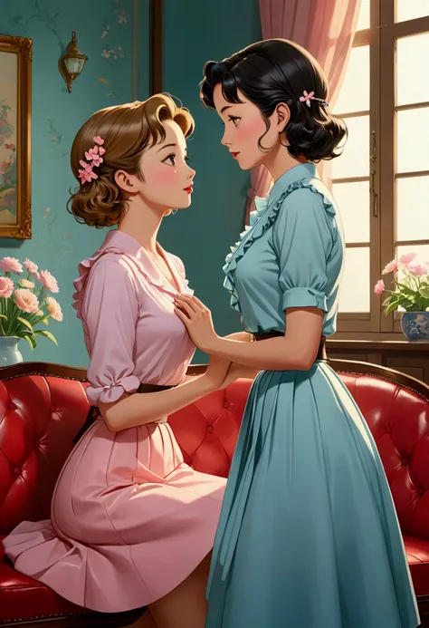 It creates a realistic anime-style idyllic image of two women in love dressed in 1950s style, standing in profile, facing each other, face to face. One is a beautiful British woman with short, semi-long light brown hair, with a thin, small golden hairpin i...