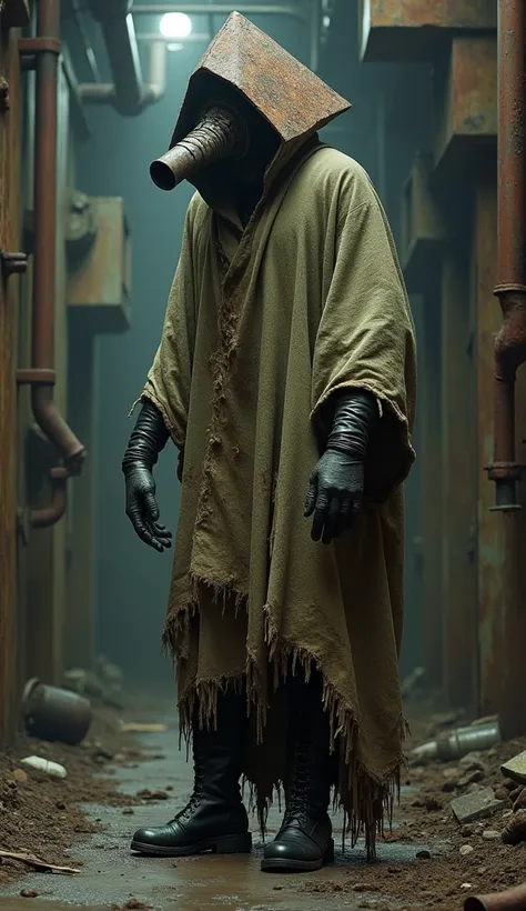 photo of humanoid monster wearing dirty rough fabric robe, medical gloves, black boots and rusted pyramid-like helmet with pipe-like protrusion, standing in silent hill themed rusty dunk interior