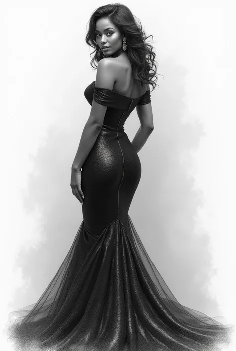 Sketch IN PENCIL a black woman in her middle 20s in a black shimmering off-shoulder evening gown, with a hourglass figure 