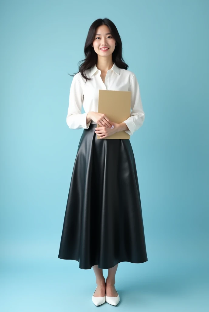 A beautiful lady, same clothes, asian, Japanese,
Long hair, 
Medium height, holding some file on hand,
Straight Standing in front of a light blue studio background,
Wearing a long sleeves white shirt,
Wearing a shiny black leather A-line circle long skirt ...