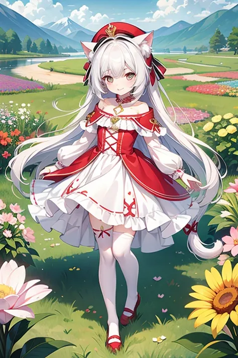 best quality, detailed, beautiful, a girl, a cat, happy, looking at viewer, long hair, wavy hair, white hair, scarlet eyes, pale skin, shiny skin, short, dress, hat, thighhighs, with cat ears, cute face, child, in the field of flowers, with a rainbow, with...