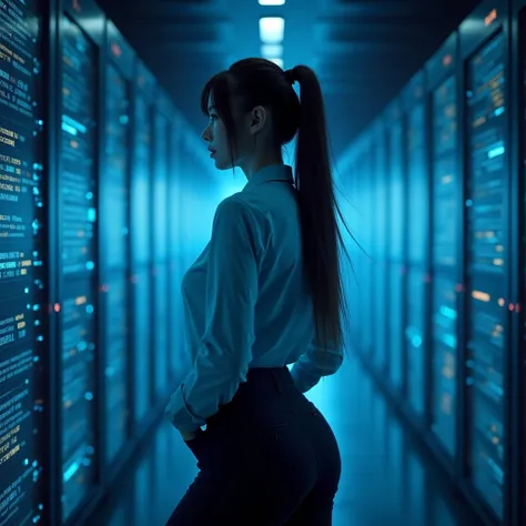 Virtual girl represent information on galagraphic screen, girl behind the scene, girl is assistant, a high resolution, long hair, 1 girl, solo, business style of clothing, trousers, blouse, cgi, chiaroscuro, Ray tracing, 8k rendering, blue color of light, ...