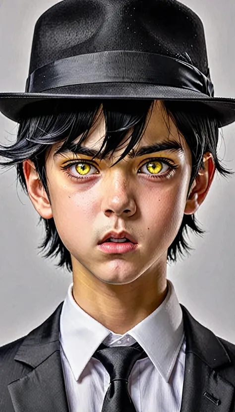 ((best qualityer)), ((work of art)), (detailded), (boy with black hair, wearing black hat, black formal suit, yellow eyes), with an expression of anger