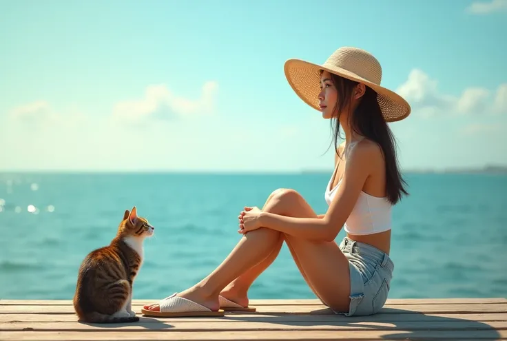 Summer Pier, Young woman in shorts, Slippers and a big straw hat, Squat fishing, The cat sits next to her, Cats also look at the sea, Know nothing about cameras, side view, Sunny summer afternoon, ((masterpiece, best quality, Best image quality, high resol...