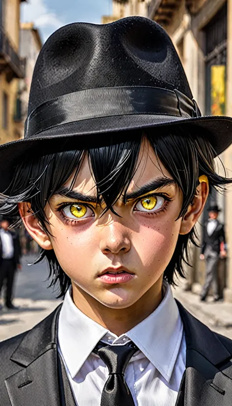 ((best qualityer)), ((work of art)), (detailded), (boy with black hair, wearing black hat, black formal suit, yellow eyes), with an expression of anger