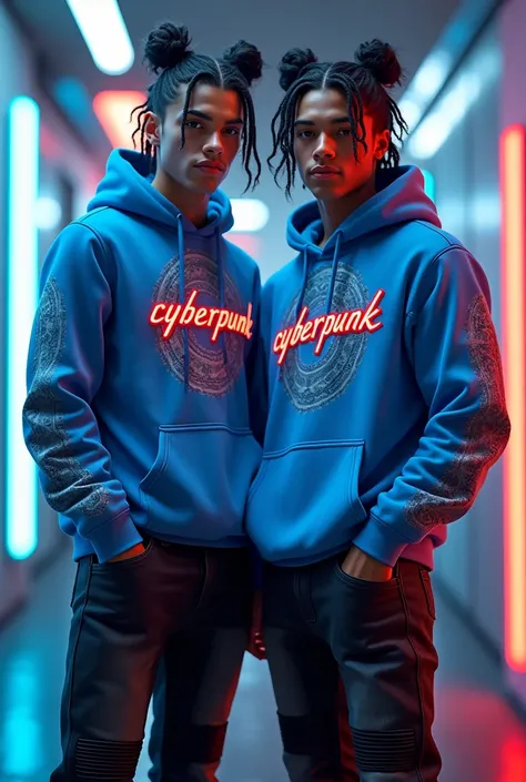  a 2 man, handsome, long black curly hair tied high in a messy bun, wearing a blue hoodie with a cool design with bold words "CYBERPUNK" in bright red, very detailed hoodie, intricate graphic design on the hoodie, hoodie futuristic cyberpunk style, black j...