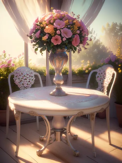 a beautiful dreamy sunlit room, colorful flowers, intricate floral patterns, warm natural lighting, soft pastel colors, detailed photorealistic rendering, vintage steel table, two elegant outdoor chairs with intricate patterns, cinematic composition, HDR, ...