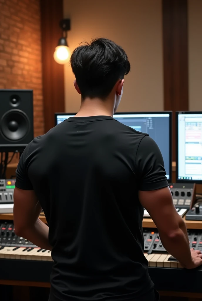 Korean Man with perfect body  , facing away from the camera , working in a music studio , sit on a chair ,back is quite wide , wearing a black t-shirt  , but the muscles are still visible from under his shirt , slightly bent towards the computer 