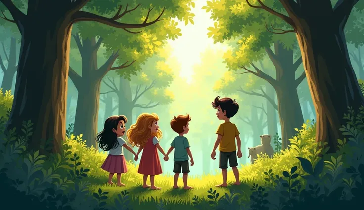 Prompt: A group of excited children are standing at the edge of a dense forest, discussing their plans to explore it. Some of them are laughing and holding hands, while a young boy रमेश of age 15 stands a little apart, with an air of superiority. The fores...