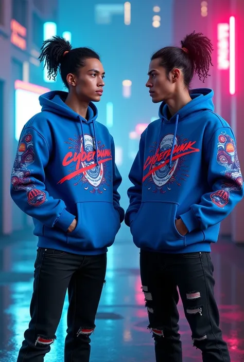 a 2 man, handsome, long black curly hair tied high in a messy bun, wearing a blue hoodie with a cool design with bold words "CYBERPUNK" in bright red, very detailed hoodie, intricate graphic design on the hoodie, hoodie futuristic cyberpunk style, black je...