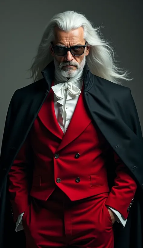 solo, long hair, man, Blue eyes, strict, red suit 19th century, black cloak white hair, accuracy, Glasses "Aviators" 