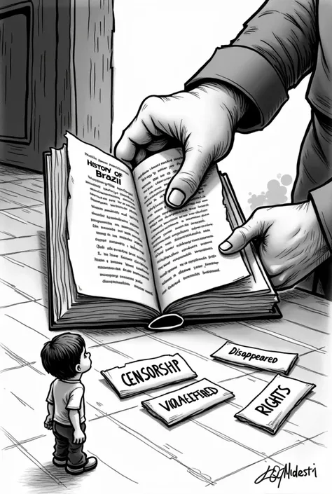 Criar uma chargIt is mostrando uma It isstantIt is dIt is livros, ondIt is um livro intitulado "History of Brazil" It isstá sIt isndo sIt isgurado por uma mão militar, quIt is It isstá prIt isstIt iss a rasgar algumas páginas.from beside , uma criança obsI...