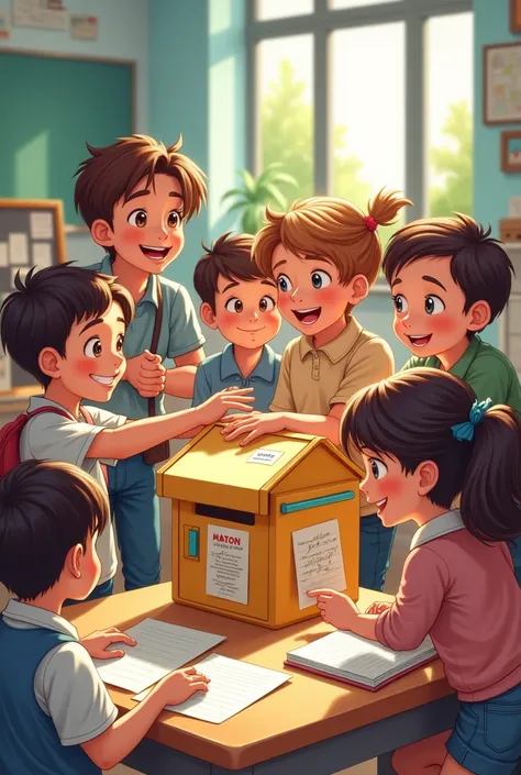 generates an image of boys and girls with a letter box in the classroom
