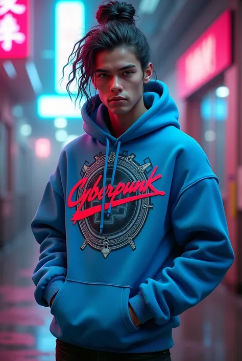 a young man, handsome, white skin, long black curly hair tied high in a messy bun, wearing a blue hoodie with a cool design with bold words "CYBERPUNK" in bright red, very detailed hoodie, intricate graphic design on the hoodie, hoodie futuristic cyberpunk...