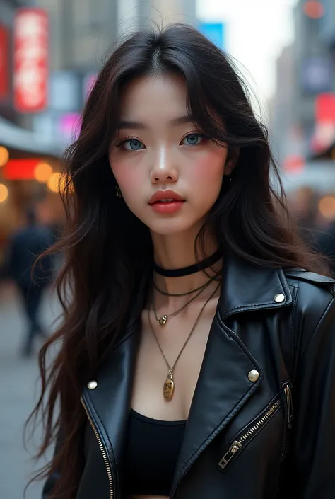 Asian girl from South Korea, Long hair, blue eyes, small nose, thick lips, small face, beautiful, High resolution, High details, textured skin, Very detailed, HD Model, in the city, with rock clothes, 20 year old asian girl