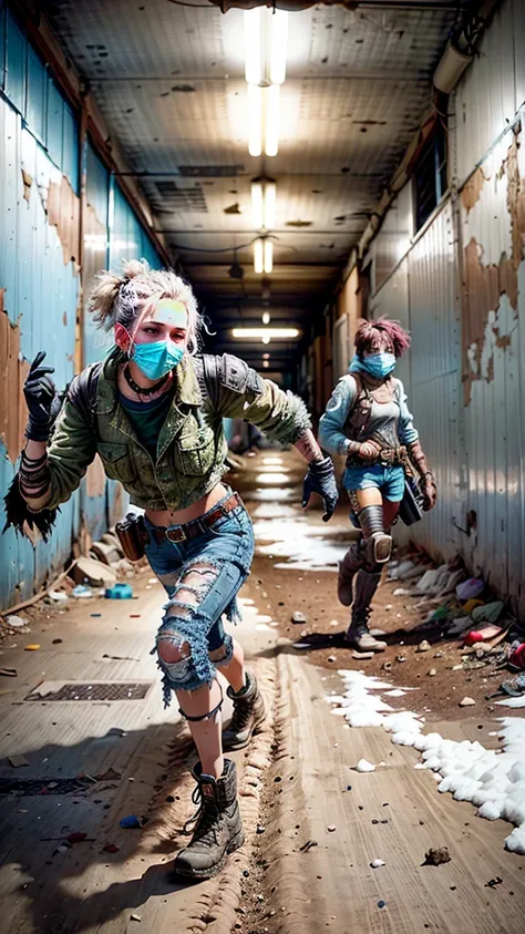 A courageous Wasteland Punk battles hand-in-hand through a wasteland full of pitfalls. The camera zooms in on the woman, capturing her determination. The young woman, with a protective expression on her face, wears makeshift armor and patched clothes. As t...