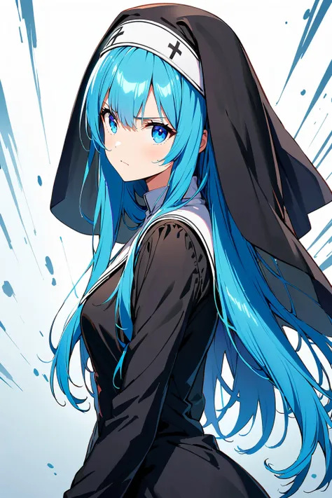 ((1 adult woman)),black nun costume,blue long hair,blue eyes,  trend on pixiv, conceptual art,beautiful anime scene,snow vilage,no inpression,furious,((dynamic angle)),dynamic pose,