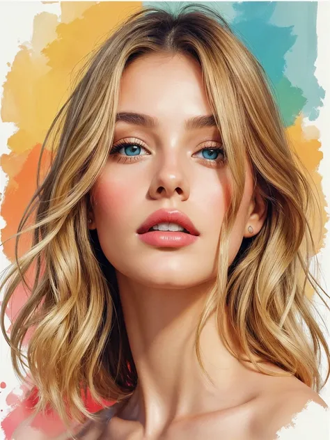  The image shows a stylized portrait of a young woman with very marked and detailed features.. Your skin has a soft and luminous finish., with a light skin tone and slightly rosy cheeks. She has blonde hair, that falls in soft waves around her face. The ey...