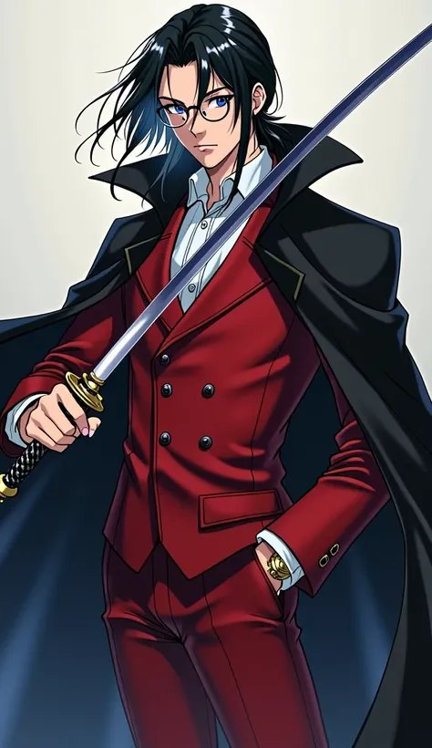 solo, long hair, man, Blue eyes, strict, red suit 19th century, black cloak white hair, accuracy, round glasses "Chameleons", young, anime style, long "yamato" in hands, scar on the lip. 