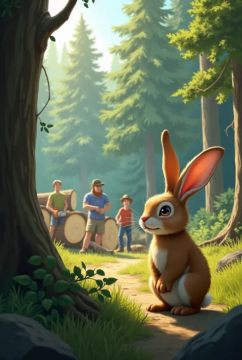 A rabbit in front of some people cutting trees 