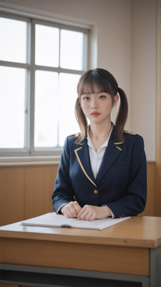 Realistic,score_9, score_8_superior, score_7_superior, break,
 On the stage of masterpieces, It depicts a woman in a classroom during the day.. She is sitting, Wearing uniform, She has blonde hair in twin tails and striking red eyes.. Her collarbone is exp...