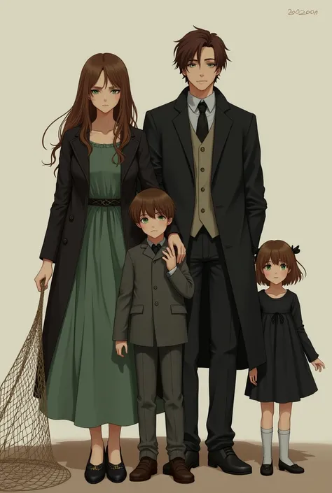 Brown haired woman in dress and black trench coat and brown eyes in dress holding a brown haired boy with green eyes in nets in suit and a brown haired girl with green eyes in black dress next to a man in suit with brown hair and green eyes 