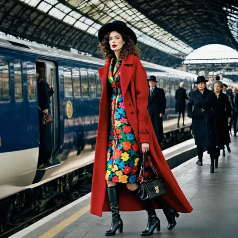 there is a woman walking on a Paris platform, dressed in a flower coat, annie leibowitz, wearing a long flowery dress, a woman in a busy railway station, walking, handbag, long colourful coat, coat with oversized flower print, brightly coloured coat, thin ...