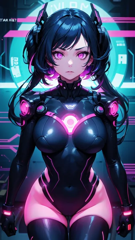 Create an image of a cyberpunk-themed character that is Curvy girl NSFW . The character is wearing visible cybernetic components such as wires and mechanical parts, especially on the face and hands. The character has glowing . The background features a neo...