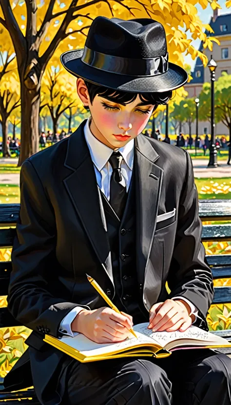 ((best qualityer)), ((work of art)), (detailded), (boy with black hair, wearing black hat, black formal suit, yellow eyes), writing in a diary sitting on a park bench