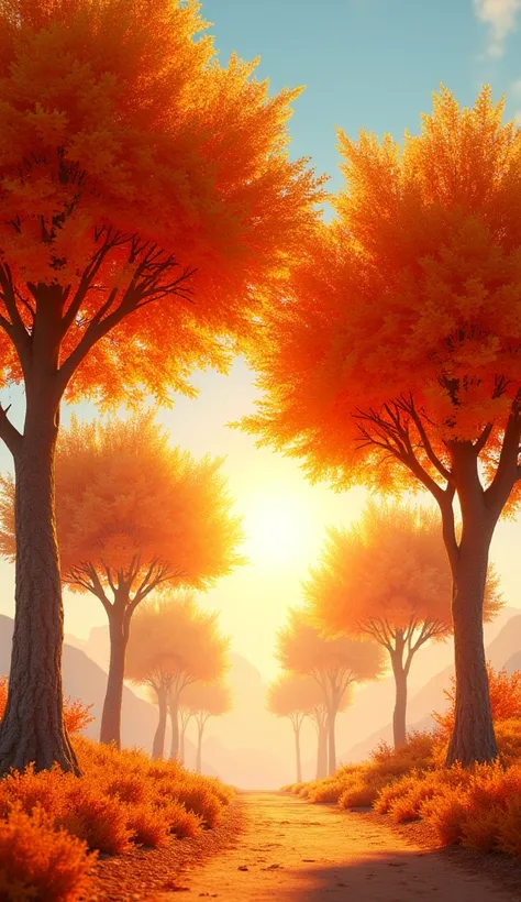 gernate a picture of orange tress glow in sunshine look perfect 