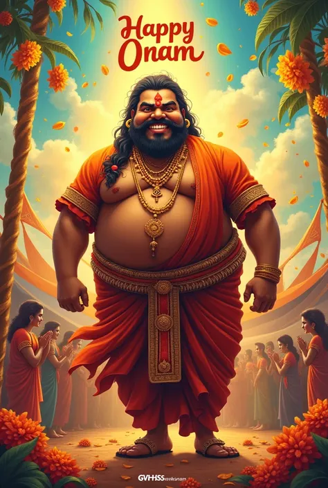 Mahabali whos fat with long moustache and without beard a smiling face. Top of the poster HAPPY ONAM. Bottom of the picture ONAM CELEBRATION GVHSS PONKUNNAM 