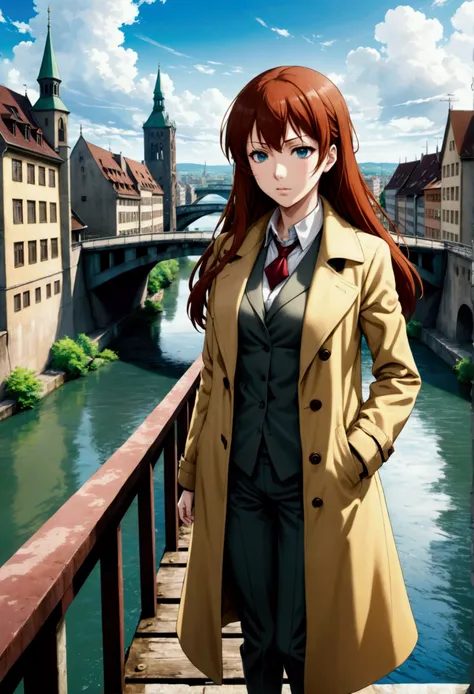 makise kurisu from steins gate anime, wearing an overcoat , standing on a bridge over a river , Basel city 