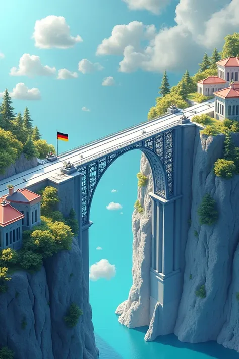 A massive bridge made of interconnected blockchain cubes, labeled "SWIAT", spans between two cliffs. One cliff represents traditional finance (with classical bank buildings), the other a futuristic digital city. Siemens logo forms the keystone. Digital bon...