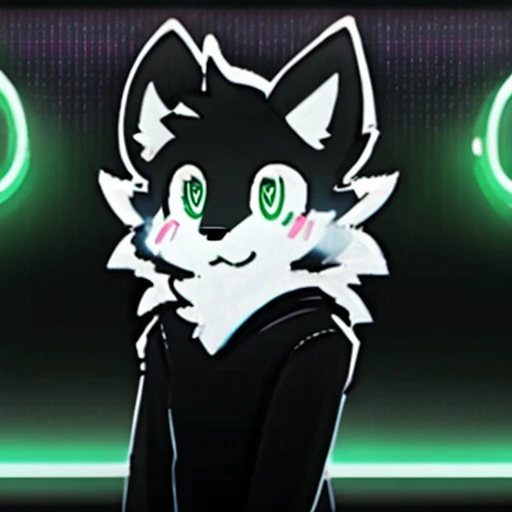 personality、رجلy people、Frey、teenager、Black and white fur、Black sweater with winter hat、green eyes、wolf、ذيل الwolf、clarification、black pants neon lights,Modern neon lights,neon LED