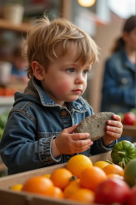 Child boy holding a stone at a fair smells of vegetables and fruits
