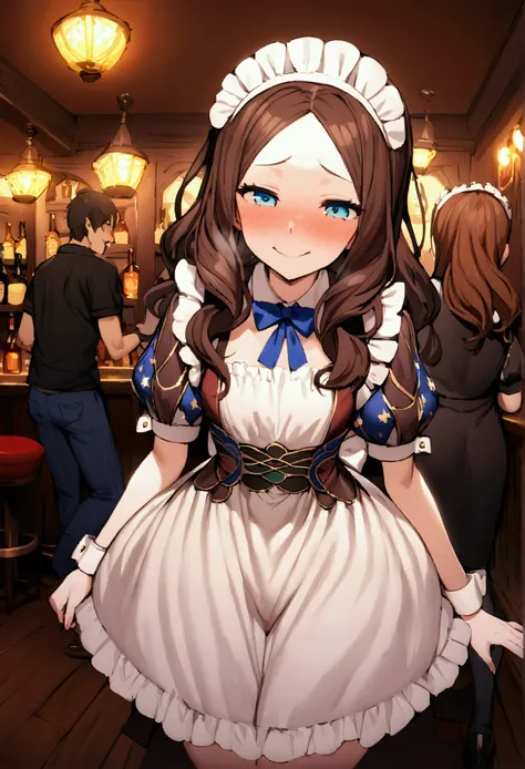 NSFW,masterpiece,Highest quality,High resolution,Very detailed,Leonardo da Vinci(Fate/grandorder),blue eyes,Long Hair,Brown Hair,Side Lock,Low Ponytail,ribbon,Short sleeve,Wrist cuff,maid,apron,Headdress, Black knee socks,Small breasts,Bewitching Smile,Emb...