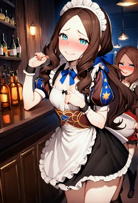 NSFW,masterpiece,Highest quality,High resolution,Very detailed,Leonardo da Vinci(Fate/grandorder),blue eyes,Long Hair,Brown Hair,Side Lock,Low Ponytail,ribbon,Short sleeve,Wrist cuff,maid,apron,Headdress, Black knee socks,Small breasts,Bewitching Smile,Emb...