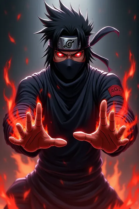 A gaming profile picture similar to the one showing a character with glowing red eyes, wearing a ninja headband with the Hidden Leaf symbol, and in a serious battle pose with hand signs. The background is dark and intense, with flames emitting from the arm...