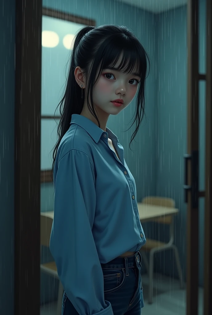 (((highest quality, ultra detailed))) A girl inside a building in the outskirts of New York, hair in a ponytail with bangs, eighteen year old, black eyes, black hair, rainy night, light blue wool blouse, dark blue jeans, small breasts, beauty, (Jenna Orteg...