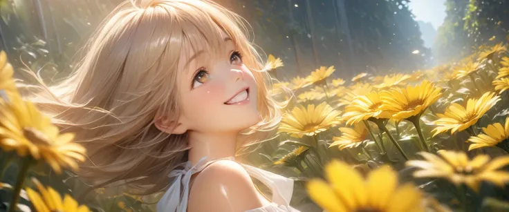 Masterpiece-grade CG, best image quality and detail, photo-level realism (1.4). (1girl), wearing a white dress, slightly exposed shoulders, delicate and shiny skin, smiling, in the garden, surrounded by yellow daisies, slightly raised head to look up at th...