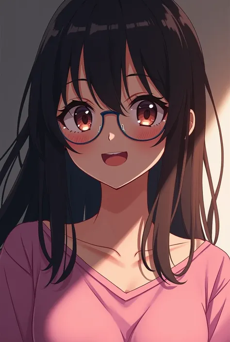 Create a dark-haired anime girl with glasses and light brown hair, dressed in a pink t-shirt that shows half of her chest, with an excited sexual expression on her face. 