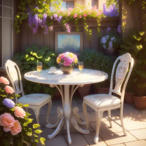 a beautiful dreamy sunlit gardenin room, colorful flowers, intricate floral patterns, warm natural lighting, soft pastel colors, detailed photorealistic rendering, vintage steel table, two elegant outdoor chairs with intricate patterns, cinematic compositi...