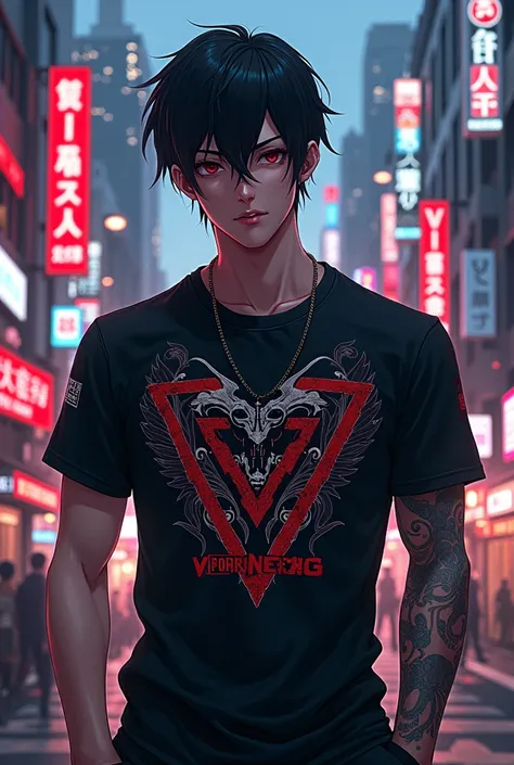 Anime bad boy on her shirt written VOXTEX VIPER on her background tokyo