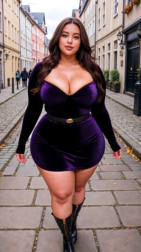 Gorgeous curvy plus-size Indian Bengali actress Ritavori, glowing eyes, wearing a purple velvet dress with a gold belt, matching purple scarf, and knee-high black leather boots, covered bust, parted lips, blushing cheeks, thick thighs, bigger waist, busty,...