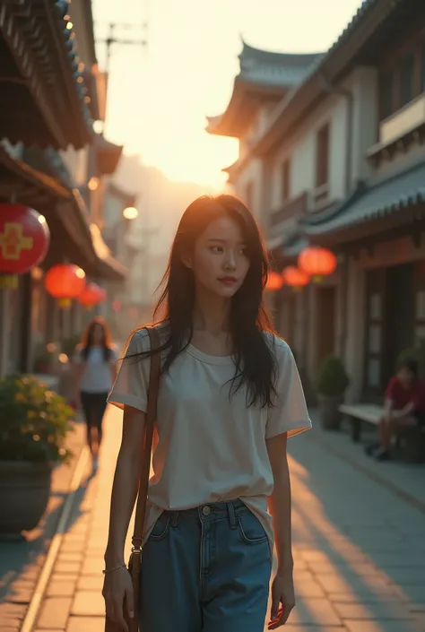 Korea girl walking on the street, cinematic style soft lighting glow effect