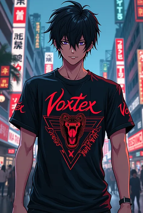 Anime bad boy on her shirt written VOXTEX VIPER on her background tokyo