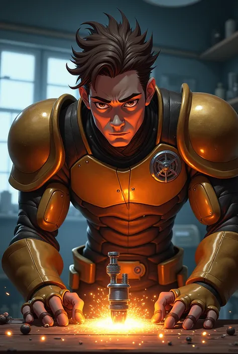 Jayce is alone in his workshop, the only light comes from the sparks that jump from his mechanical creation. His tall, imposing figure of 1,90 m is well highlighted by the polished bronze armor it wears, reflecting the bright lights. Your brown hair, caref...