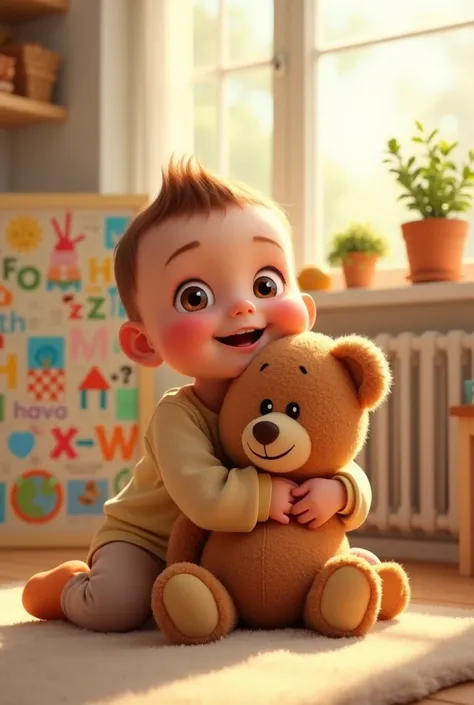 A curious and loving  baby boy smiling，Hugging his teddy bear tightly，The baby is surrounded by a wall chart for learning English，Background is a bright and warm room，The windows let in sunlight。 ,