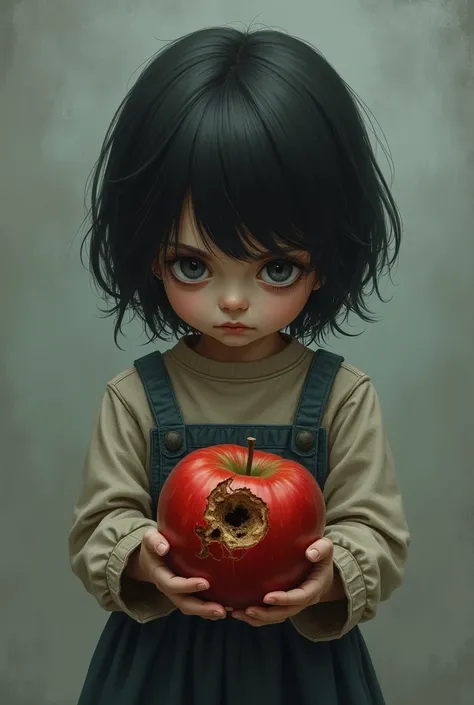 A sad kid with rotten apple